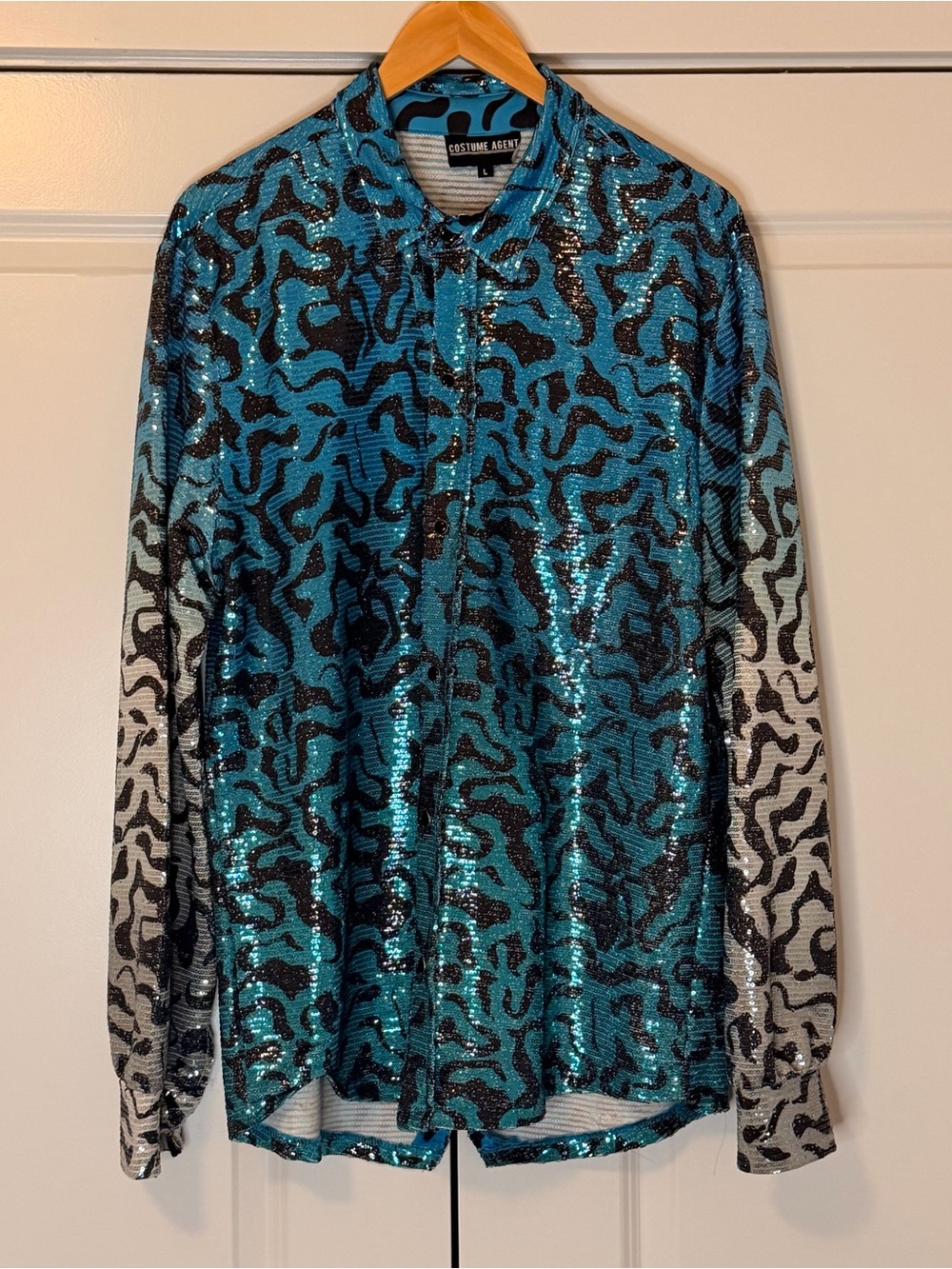 Tiger King Cosplay Sequin Animal Print Snap Button Down Long Sleeve Shirt Blue